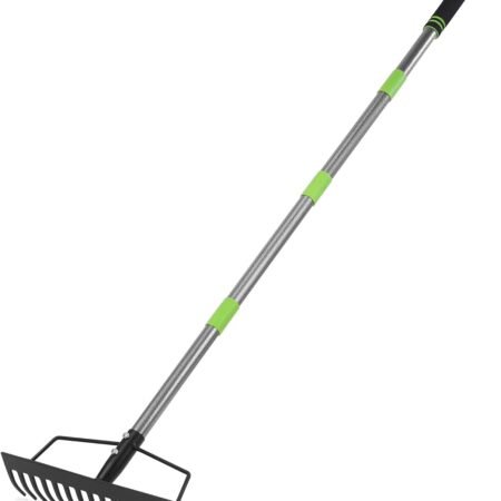 65 Inch Bow Rake, 17 Tines Metal Head Rakes with High Strength Handle, Heavy Duty Garden Rake with Adjustable Handle for for Loosening Soil, Gathering Leaf, Leveling Lawn, Farming Land