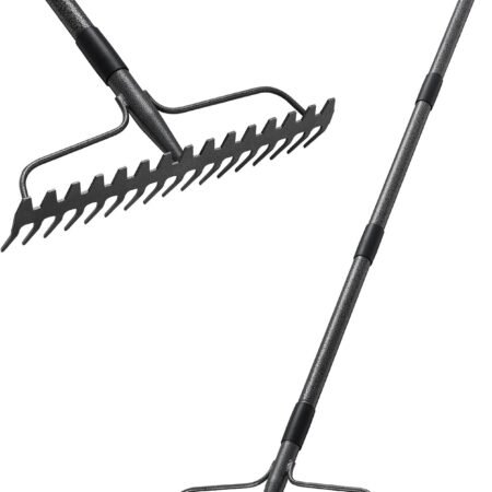 Thatch Rakes for Lawns, Heavy Duty Metal Garden Rake with 17 Prongs, Adjustable Yard Rock Rake for Gardening Loosening Soil, Long Handle 60 Inches