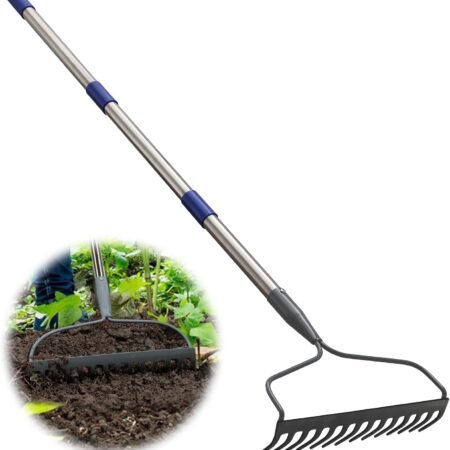 Rake, 60 Inch Garden Bow Rake with 14 Tines, Heavy Duty Stainless Steel Raking Tool for Gardening Landscaping Loosening Soil Leveling Mulching Gravel Gathering Leaf Thatch Lawn Care