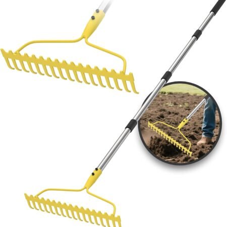 Garden Rakes for Lawns Heavy Duty, 6 FT Bow Rake for Leaves, 17-Tines Metal Rake with Stainless Steel Handle for Yard Leveling, Landscape, Loosening Soil, Yellow