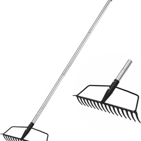 Garden Rake, Carbon Steel Sturdy and Heavy Duty Carbon Rake, Bow Rake with Adjustable Stainless Steel Handle, Long Hand Rake for Loosening Soil Leveling Mulch Gathering Leaf