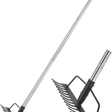 15 Inch Wide Bow Rake, 16 Steel Tines Metal Head Rake Tool with Stainless Steel Handle, Adjustable Long Handle Garden Rake for Loosening Soil Leveling Mulch Gathering Lawns Leaves
