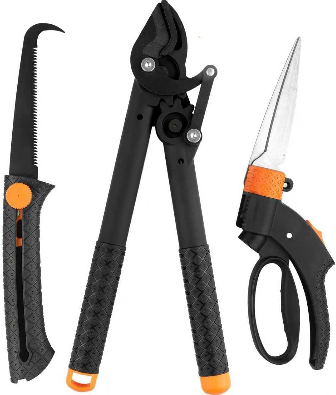 3 Piece Garden Tool Set, Lopper, 360° Grass Shears & Retractable Saw | Heavy Duty Tree Branch Cutter, Edge Trimmer, Triple Ground Wood Hand Saw, 65 Carbon Steel Blades, Yard Maintenance Kit