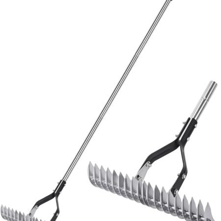 Thatch Rake Landscaping Tools, 15 Inch Heavy Duty Garden Rake with Stainless Steel Handle, Lawn Loosening Soil Rake for Cleaning Dead Grass, Adjustable Dethatcher Rake for Garden Yard Lawn
