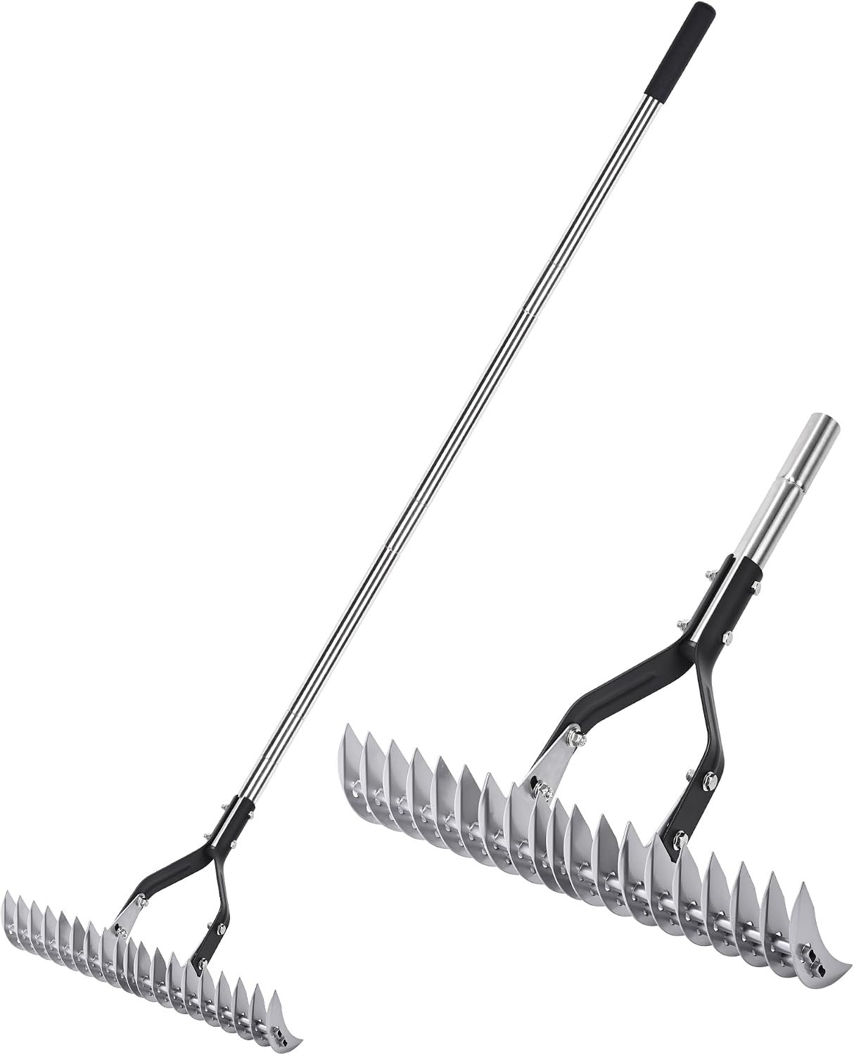 Thatch Rake Landscaping Tools, 15 Inch Heavy Duty Garden Rake with Stainless Steel Handle, Lawn Loosening Soil Rake for Cleaning Dead Grass, Adjustable Dethatcher Rake for Garden Yard Lawn