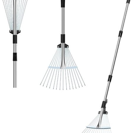 Stainless Steel Garden Leaf Rake, Strong Metal Rake for Leaves, Adjustable Length 37"-53", Adjustable Expandable Head 8"-17", for Lawn Garden Yard Flowers Beds Bush