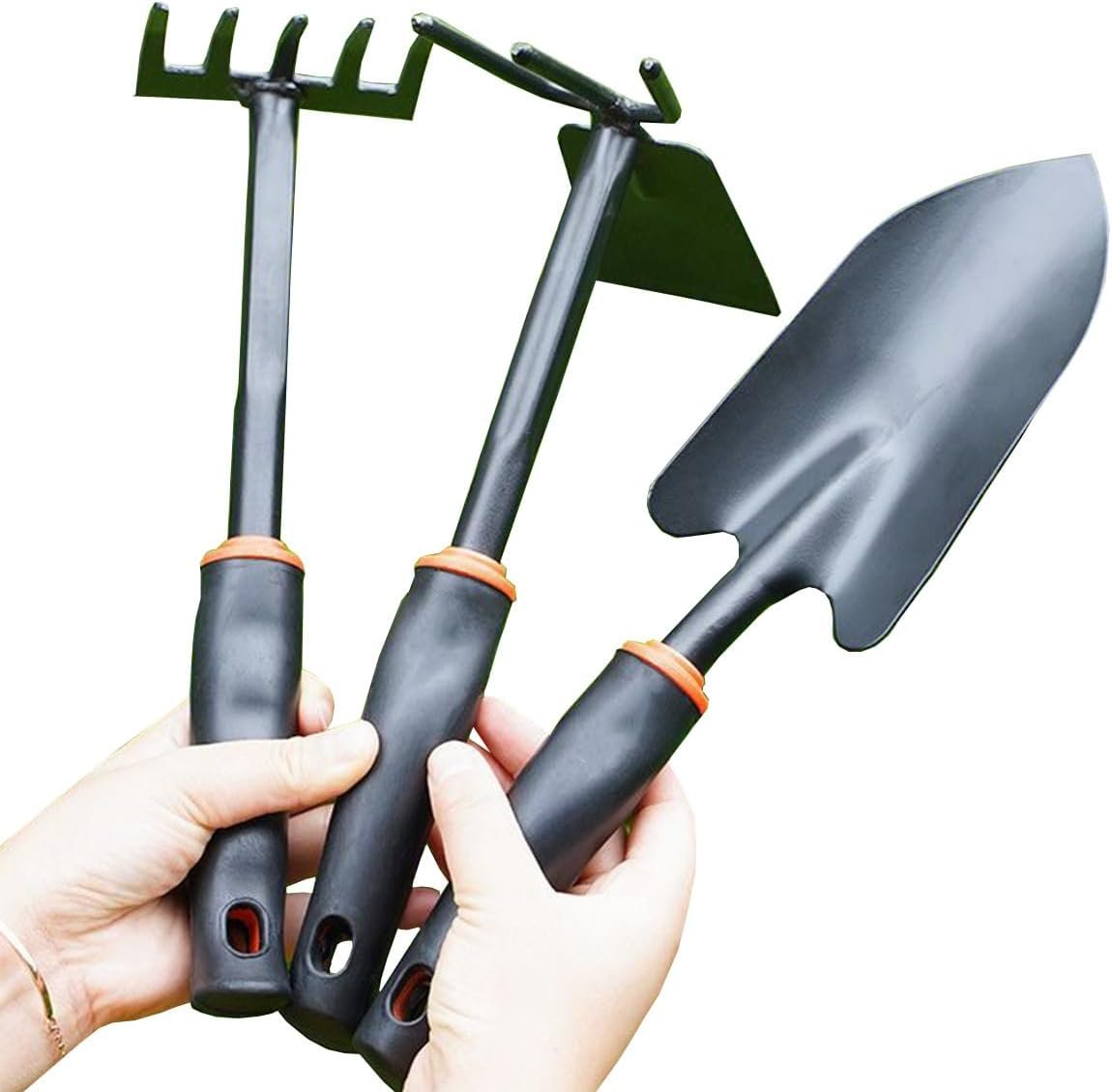 3Pcs Garden Tools Set with Shovel Rake Hoe Heavy Duty Gardening Tools Transplant Trowel with Ergonomic Non-Slip Handle for Lawn and Garden Digging,Planting,Weeding