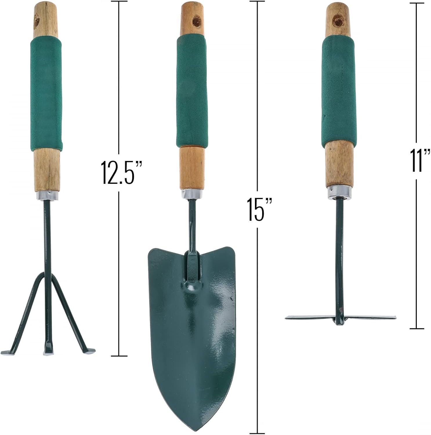 Wooden Steel Handheld Garden Tools Set Rake Shovel Hoe 3 Pieces - Image 2