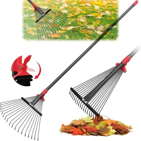 60 Inch Rake for Leaves , Adjustable 18 Metal Tines with Expandable Head Garden Rakes for Lawns Heavy Duty Metal Rake for Leaves Yard Gardening Grass Outdoor Debris