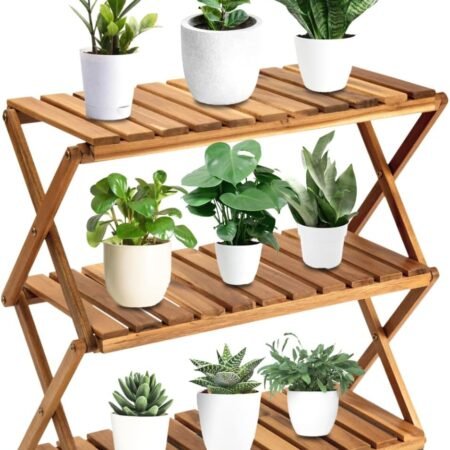 Acacia Plant Stand Indoor, Wooden Outdoor Planter Stand, 3 Tier Succulent Shelf, Easy Assembly, Patio Balcony Sunroom Decor, Flower Garden Shelf, 1-year Manufacturer Warranty (Natural Wood)