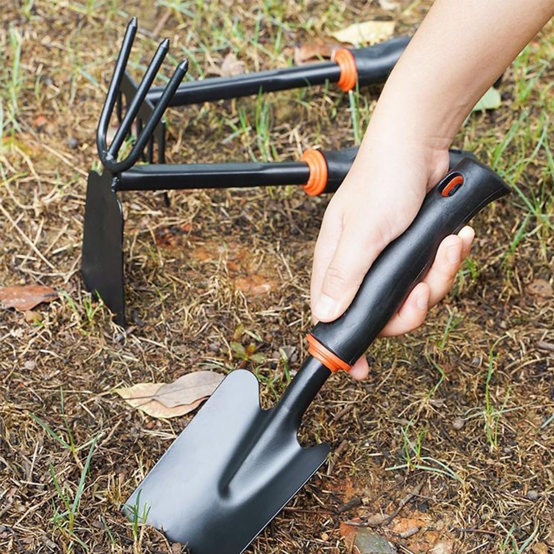 3Pcs Garden Tools Set with Shovel Rake Hoe Heavy Duty Gardening Tools Transplant Trowel with Ergonomic Non-Slip Handle for Lawn and Garden Digging,Planting,Weeding - Image 2