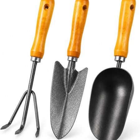 3-in-1 Heavy Duty Gardening Tools Kit, Premium Carbon Steel Garden Hand Tools with Ergonomic Wooden Handle Includes Trowel, Transplanter, and Cultivator, Ideal Gardening Gifts for Gardener