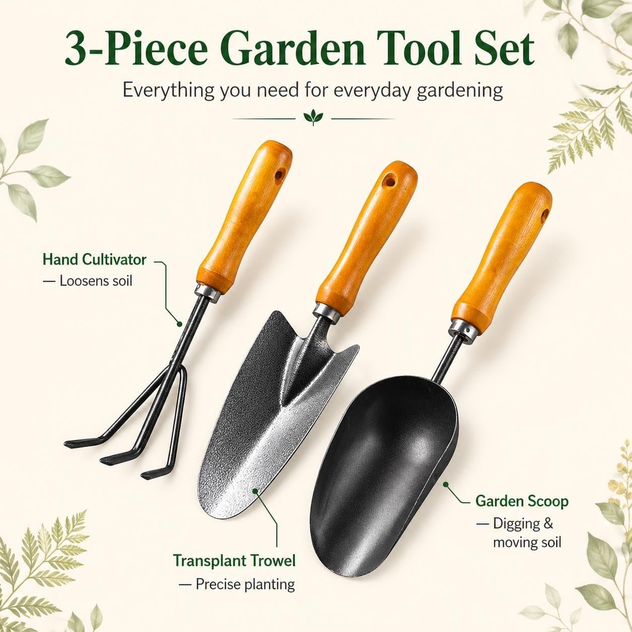 3-in-1 Heavy Duty Gardening Tools Kit, Premium Carbon Steel Garden Hand Tools with Ergonomic Wooden Handle Includes Trowel, Transplanter, and Cultivator, Ideal Gardening Gifts for Gardener - Image 2