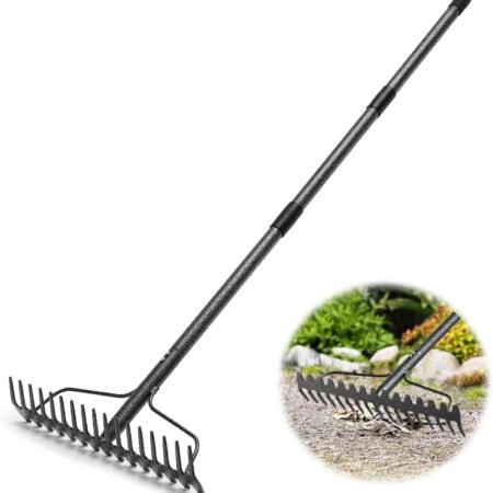 Garden Rake, 5FT Bow Rake Heavy Duty Leveling Rake with Adjustable Handle, 17 Tines Wide Head Metal Thatch Rake for Gardening Leaves Lawn Yard Mulch Rake