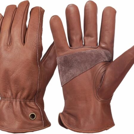 Retro Brown Cowhide Leather Work Gloves for Construction, Yardwork, Gardening with Reinforced  for Men & Women