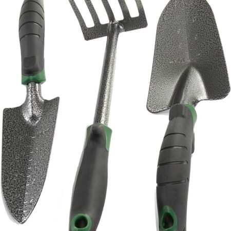 Garden Tool Set - Heavy Duty Carbon Steel Trowel, Transplanter, Hand Rake - 3 Piece Garden Tool Set with Bend-Proof Design - Ergo Rubber Grip Handles