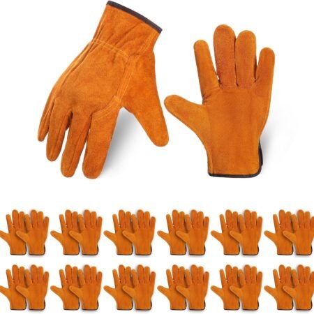 12 Pairs Leather Work Gloves Cowhide Leather Gardening Gloves with Reinforced and Elastic Band, Thick Leathers Glove for Men Women Construction, Wood Cutting, Driving, Automotive Repair (Yellow)