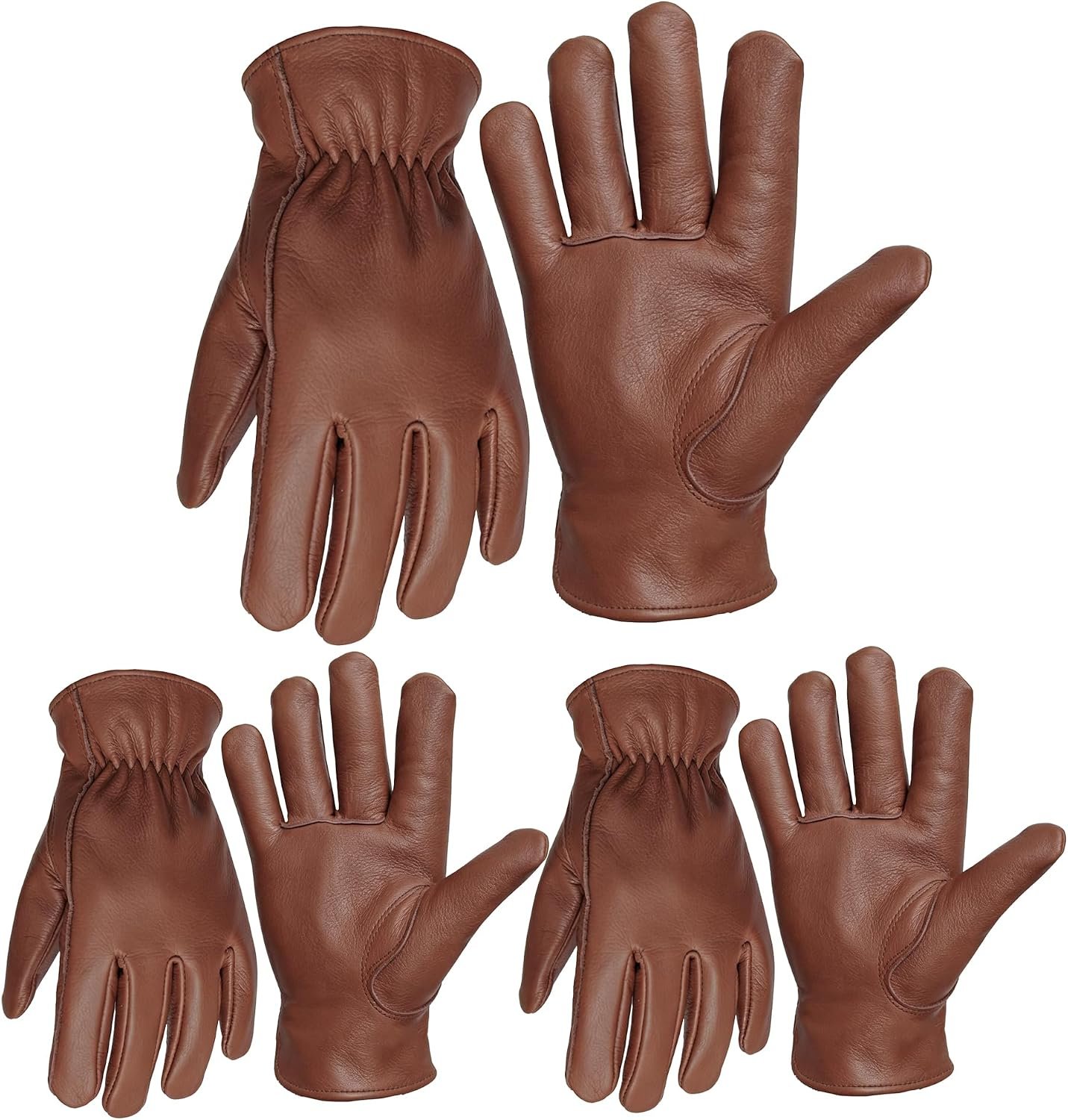 3 Pairs Brown Leather Work Gloves For Men Durable Gardening Gloves Driver Gloves