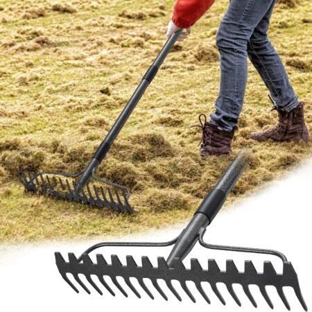 Rake, 49 Inch Garden Bow Rake with 17 Tines, Heavy Duty Raking Tool for Gardening Landscaping Loosening Soil Leveling Mulching Gravel Gathering Leaf Thatch Lawn Care