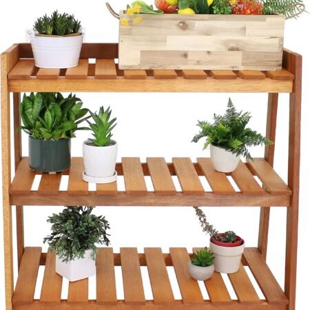 Outdoor Meranti Wood 3-Tiered Garden Shelf with Teak Oil Finish
